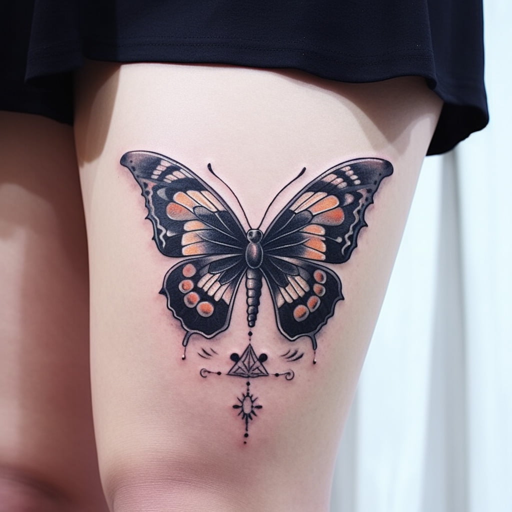 butterfly above knee tattoo